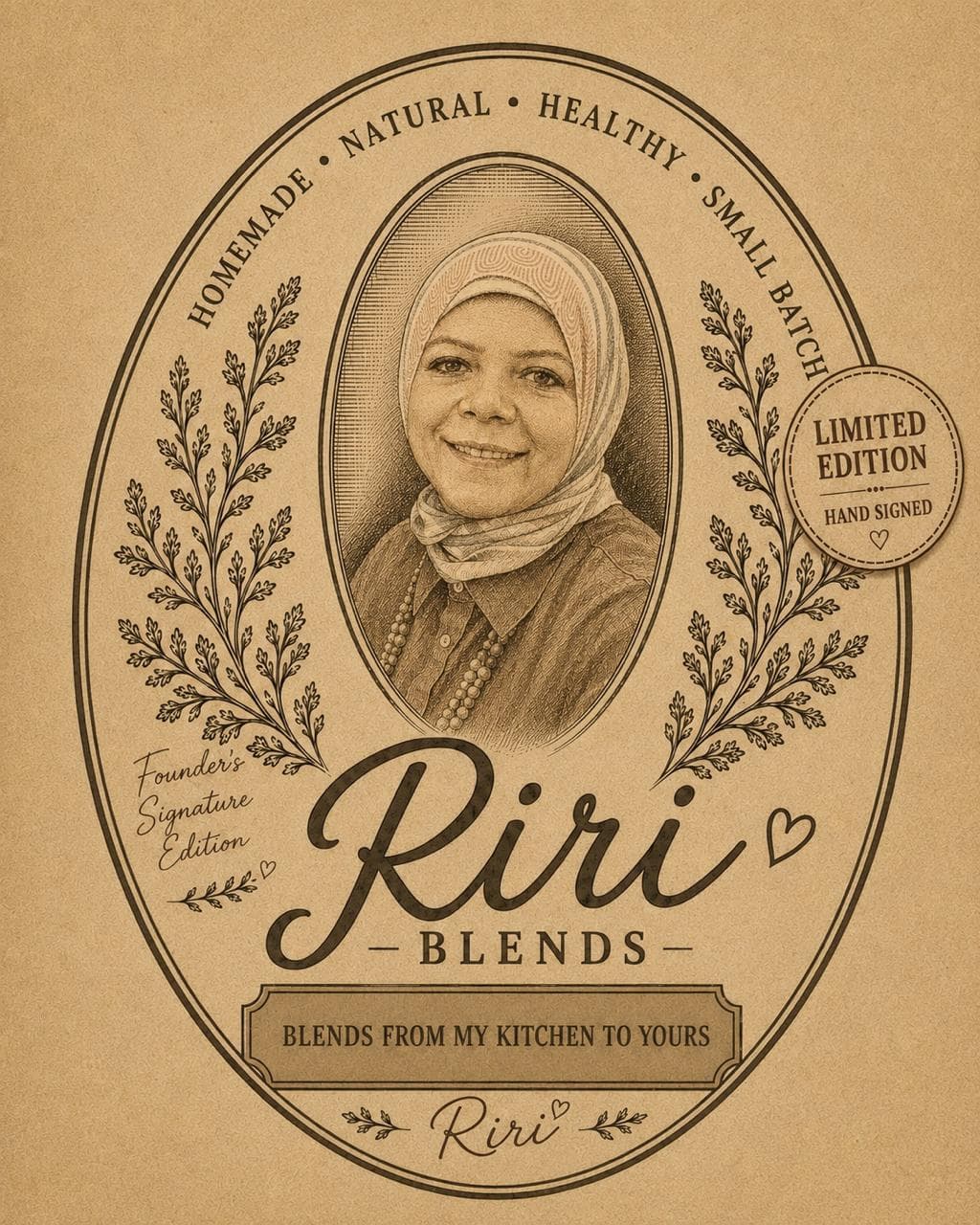 Riri Blends kraft spice pouch with vintage label and botanical illustrations